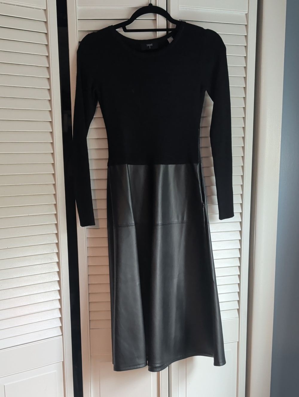 Black Faux Leather Panel Long Sleeve Midi Dress - Tahari